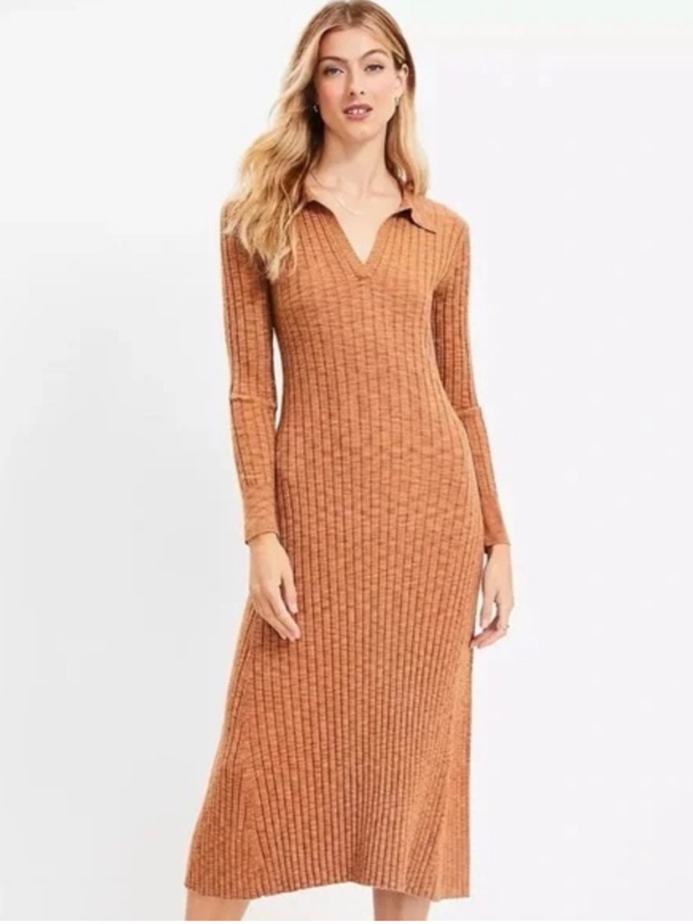 LOFT Ribbed Collared Knit Midi Dress in Rust